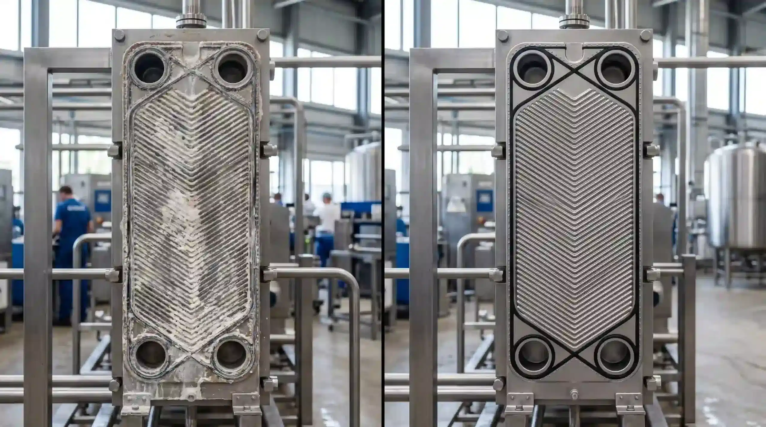 UHT plate heat exchanger showing protein burn-on fouling vs clean surface after using hydrolyzed Bovine Collagen Type I & III in RTD beverage production.