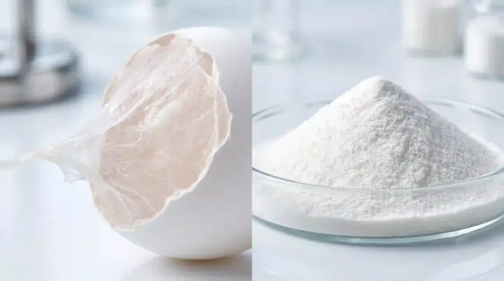Comparison of raw avian membrane and pure hydrolyzed powder showing what type of collagen is eggshell membrane commercially.