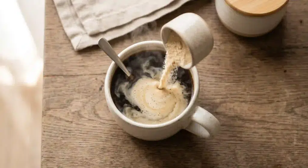 Stirring chicken bone broth protein powder into a hot cup of black coffee