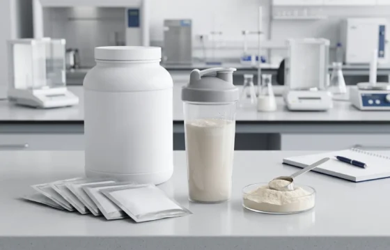 Unbranded sports nutrition powder tubs sachets shaker and protein drink mix