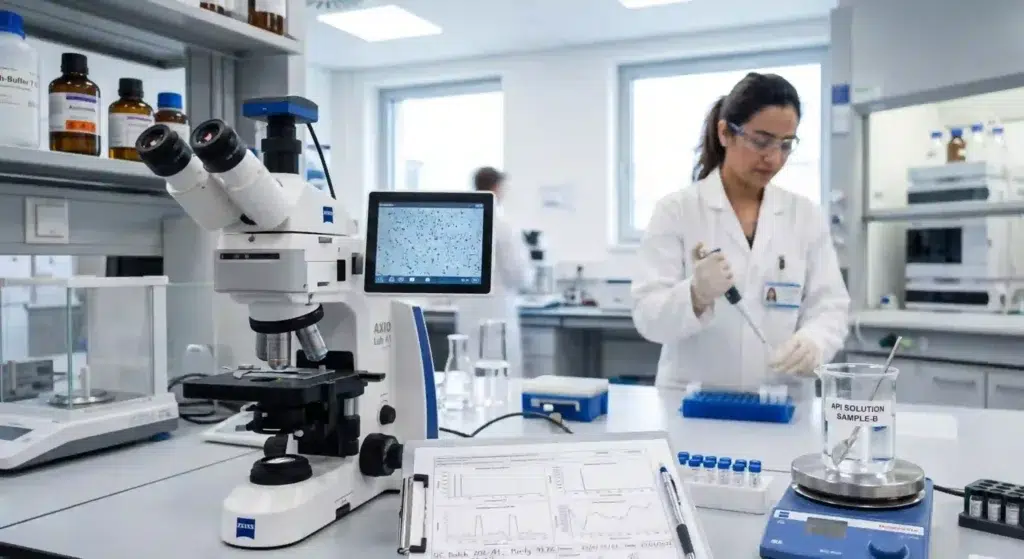 Pharmaceutical lab equipment used for quality control testing of beef protein isolate