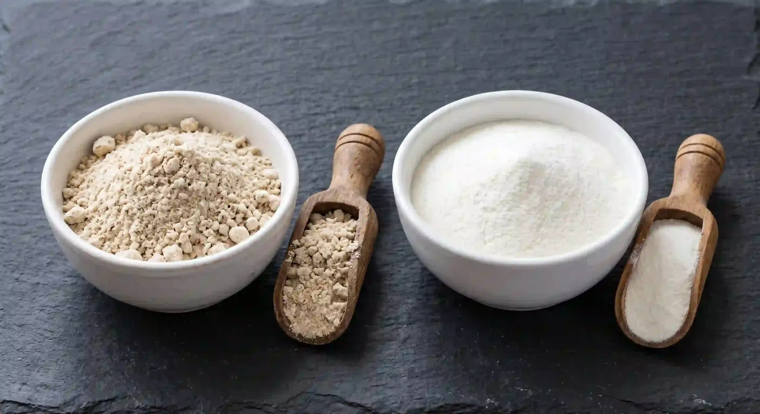 Beef protein isolate powder in a bowl next to whey protein isolate powder, comparing texture and color of the two protein supplements