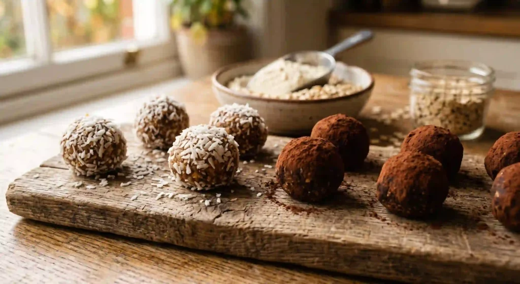 No-bake energy bites made with chicken bone broth protein powder and oats