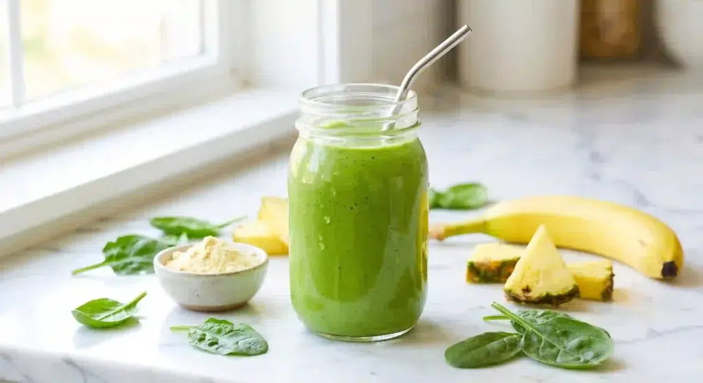 Post-workout green smoothie made with chicken bone broth protein powder and fruits