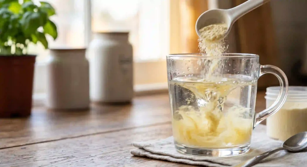 Chicken bone broth protein powder dissolving instantly in cold water with no clumps