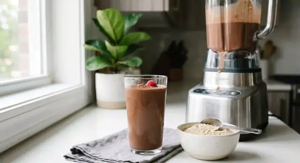 Chocolate protein shake made with beef protein isolate on a kitchen counter with blender and powder scoop
