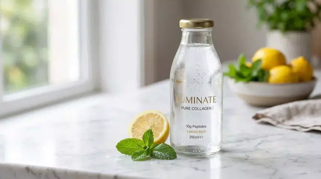 Crystal clear collagen peptide drink in a glass bottle, demonstrating the superior clarity of hydrolyzed collagen for RTD beverages