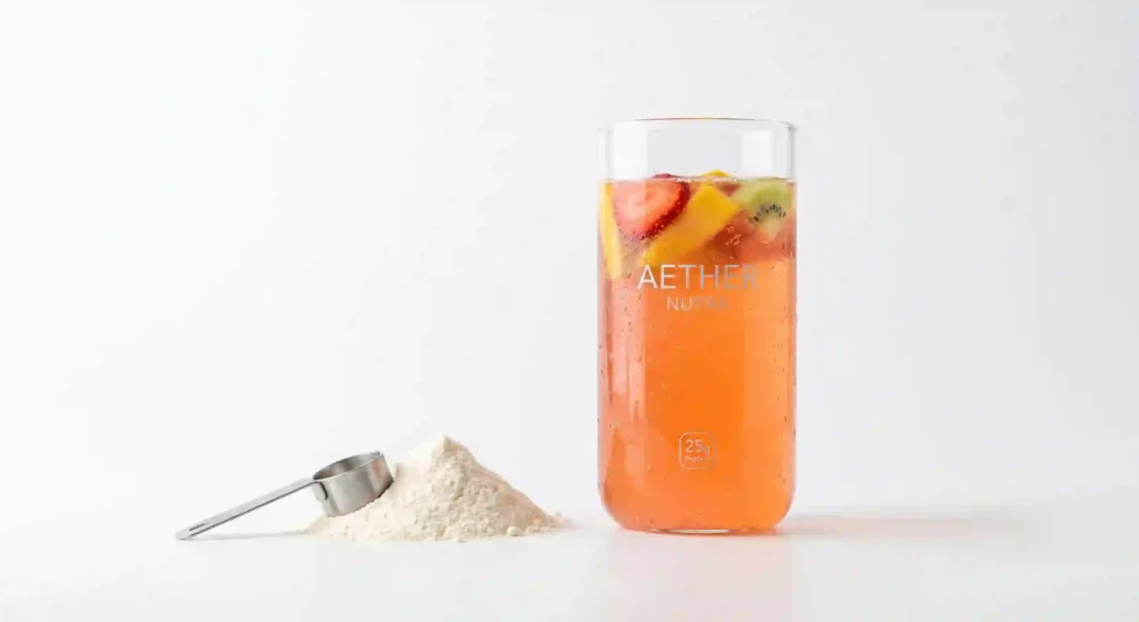 Ultra-fine hydrolyzed beef protein isolate powder next to a clear transparent protein beverage