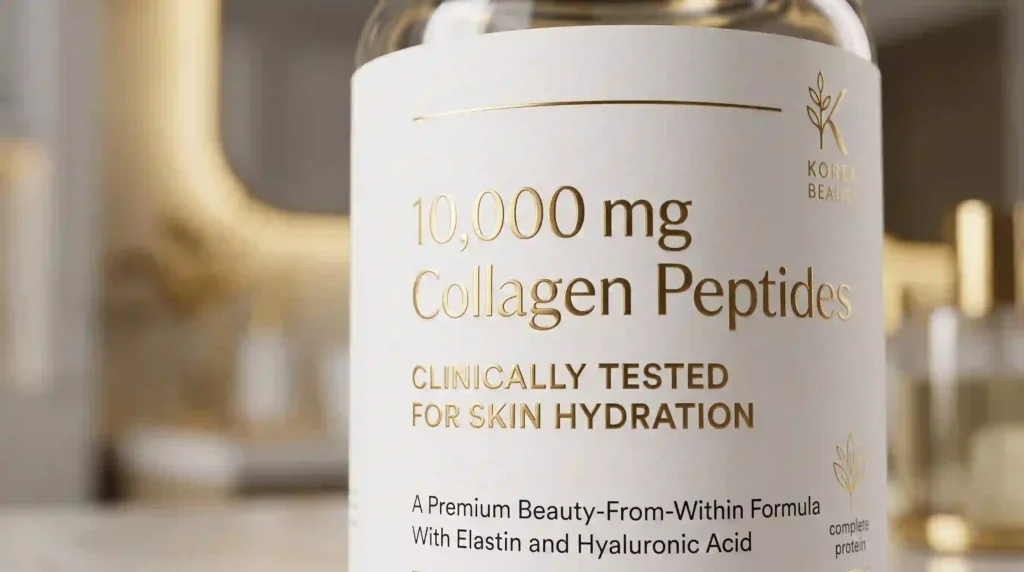 Beauty supplement label emphasizing 10,000mg collagen peptides and clinical testing, avoiding complete protein claims