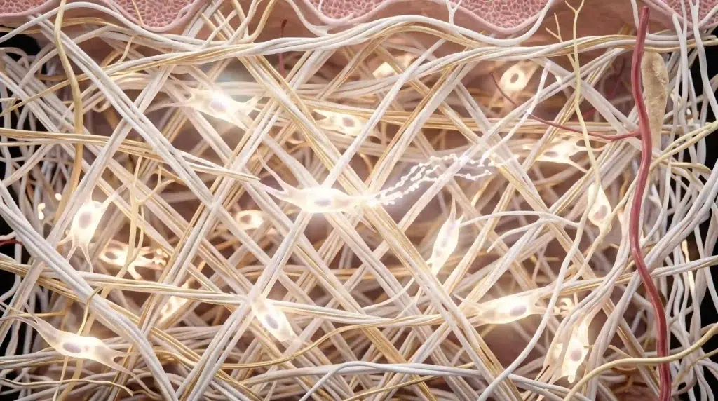 How collagen peptides work in the dermis: fibroblasts building new collagen fiber network for skin firmness