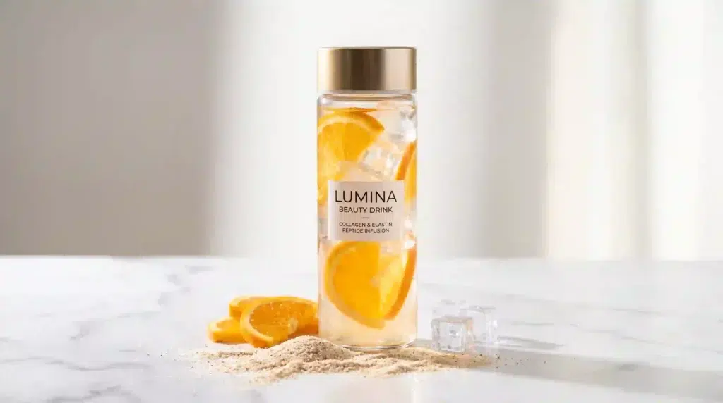 Clear collagen and elastin ready‑to‑drink beauty supplement bottle.