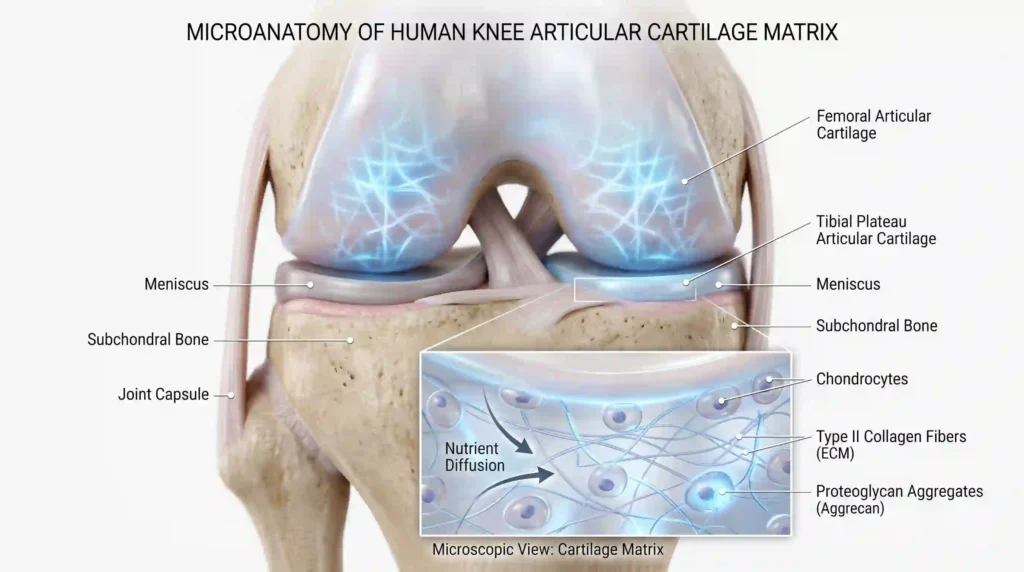 3D scientific illustration of healthy articular cartilage matrix showing the benefits of collagen for joint health.