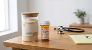 Collagen supplement jar and prescription bottle on a desk, representing medication safety concerns