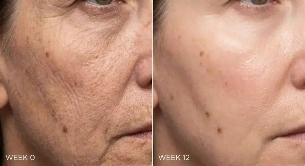 Collagen peptides visible results time frame: skin texture improvement from dry and wrinkled to smooth and plump