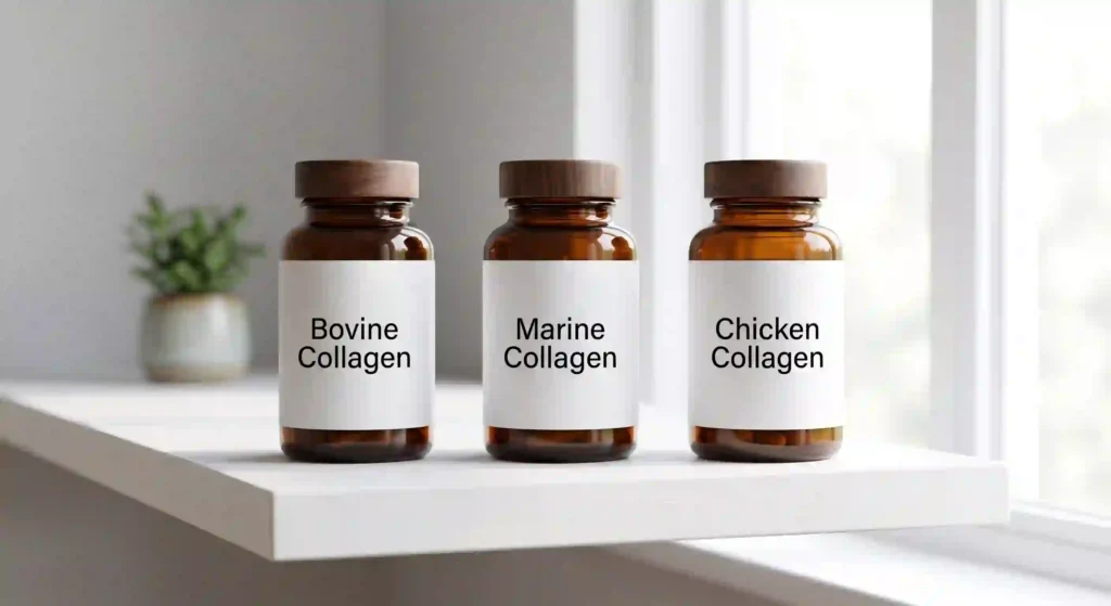 Three bottles of collagen supplements derived from bovine, marine, and chicken sources