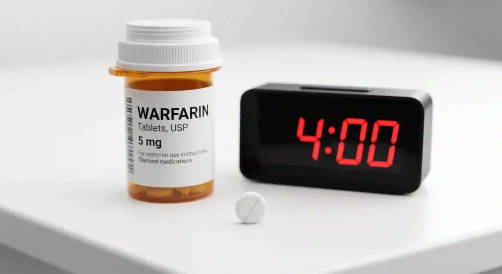 Warfarin bottle and thyroid pill with clock showing 4-hour gap, warning for collagen drug interaction