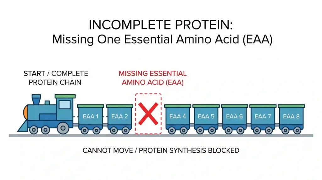Illustration comparing a complete protein train with all 9 amino acid cars and an incomplete one missing a car