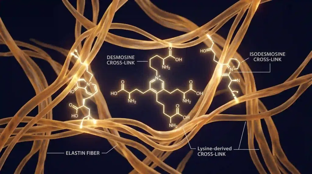 Desmosine and isodesmosine cross‑linking in soluble elastin peptide.