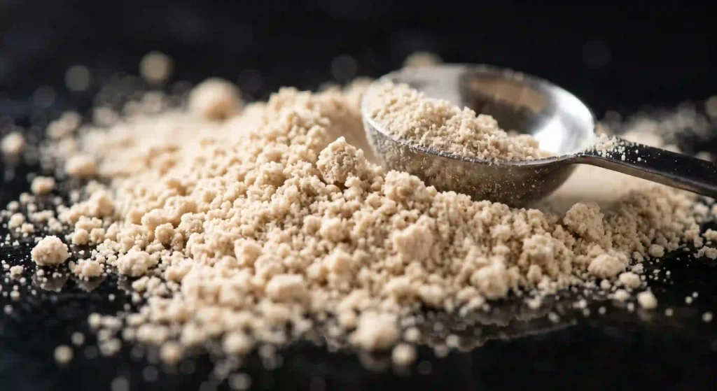 Macro close-up of hydrolyzed beef protein isolate powder showing fine granular texture and light tan color