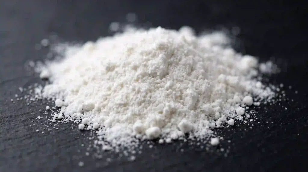 Macro view of white hydrolyzed collagen peptide powder for supplement formulation.