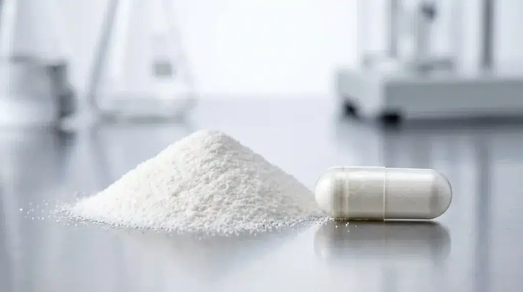 Pile of pure hydrolyzed collagen peptides powder next to a type II collagen capsule for joint supplement formulations.