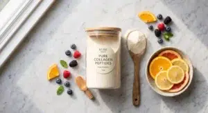 How to take collagen for faster skin results: hydrolyzed collagen peptide powder paired with vitamin C rich citrus