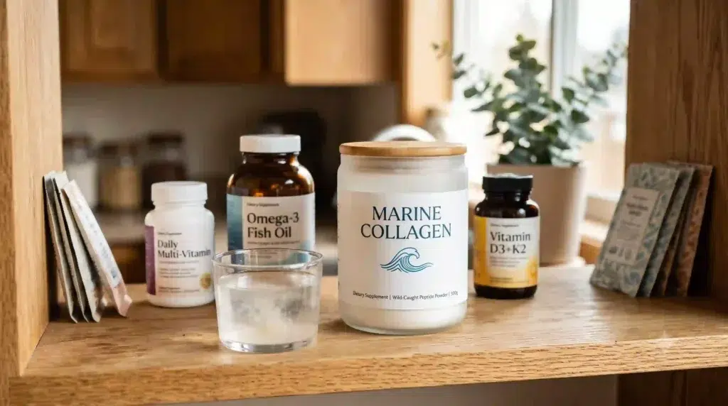 Finished dietary supplement bottles and single-serve sachets containing marine collagen, concept for sea cucumber peptide and fish collagen based products