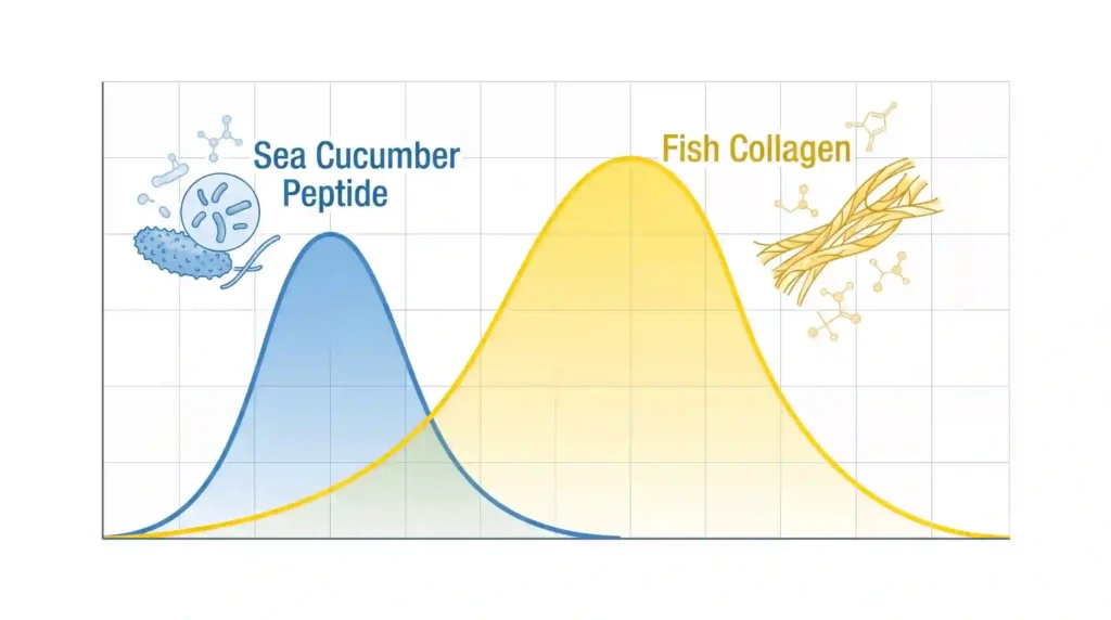 Molecular weight distribution chart comparing sea cucumber peptide peak at 500 Da versus fish collagen peak at 3000 Da