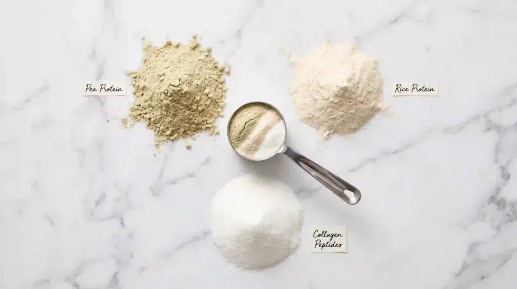 Three piles of protein powders (pea, rice, collagen) arranged for blending to create a complete amino acid profile