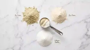 Three piles of protein powders (pea, rice, collagen) arranged for blending to create a complete amino acid profile