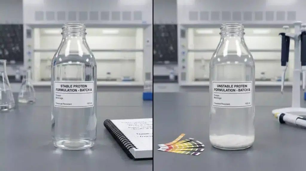Side-by-side comparison of a stable clear protein drink vs. one with sediment, highlighting manufacturing formulation challenges
