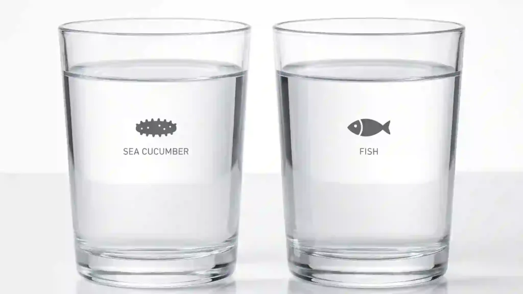 Two glasses of water dissolving sea cucumber peptide and fish collagen, both crystal clear, showing comparable solubility