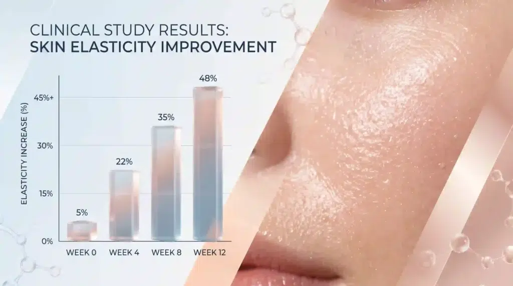 Skin hydration and elasticity improvement chart with clinical collagen peptide data.