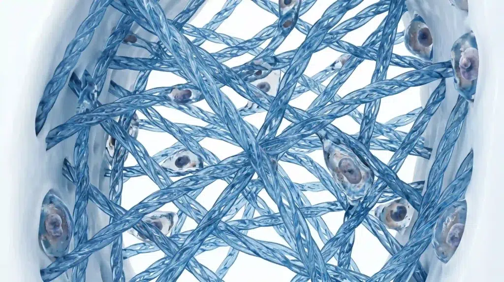 3D medical illustration of undatured type II collagen network inside healthy knee cartilage