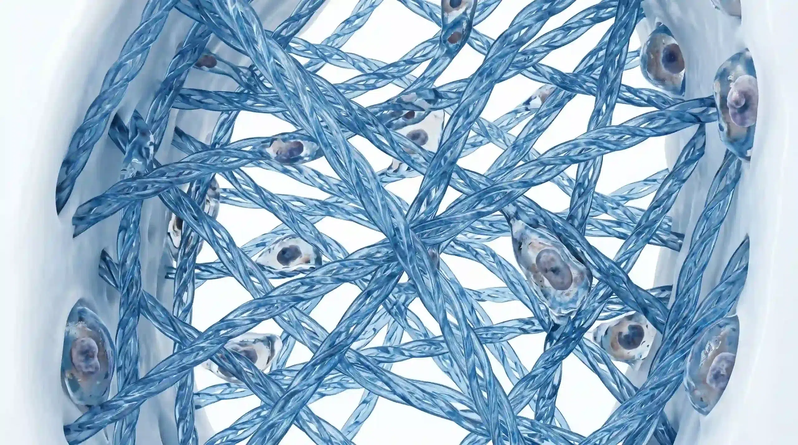 3D medical illustration of undatured type II collagen network inside healthy knee cartilage