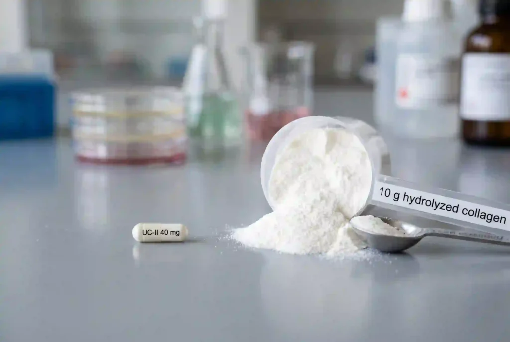 UC-II 40 mg capsule compared to a 10-gram scoop of hydrolyzed collagen powder highlighting dosage difference