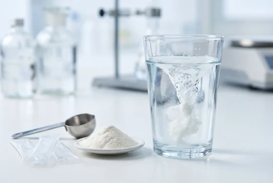 Collagen peptide powder and clear drink-mix glass on a laboratory bench