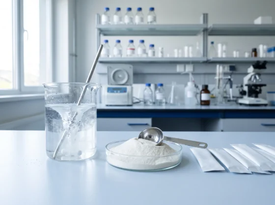 Collagen peptide powder dissolving in a clear mixing glass for drink-mix formulation testing