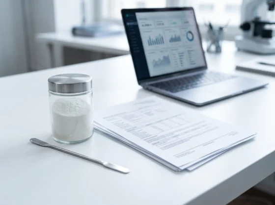 Collagen peptide sample jar beside specification documents for ingredient qualification