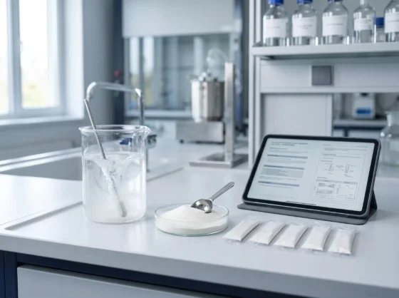 Collagen peptide powder dissolving in a clear mixing glass during supplement formulation testing