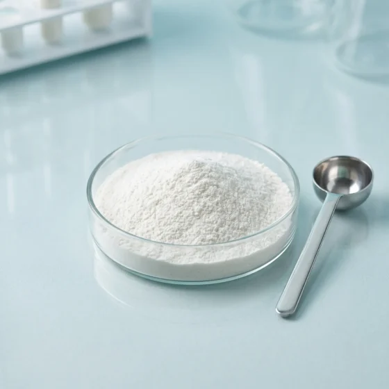 Marine collagen peptide powder in a glass dish for supplement formulation