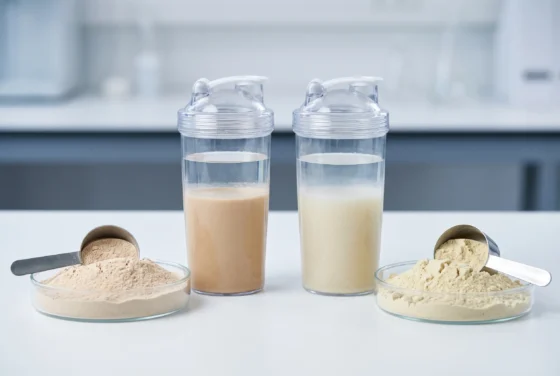Animal and plant protein powders compared side by side in ready-to-mix shaker bottles