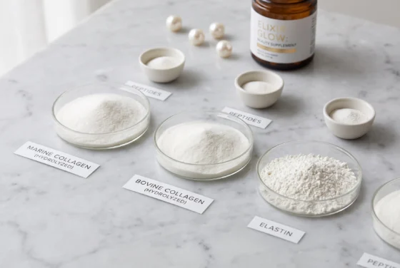 Hydrolyzed marine and bovine collagen peptide powders for beauty from within supplement formulations.
