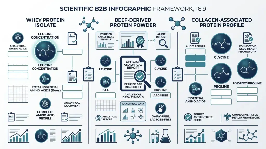 Amino acid profile framework comparing whey, beef protein and collagen-associated protein patterns