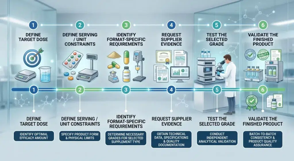 Six-step collagen ingredient qualification workflow from target dose to finished-product validation