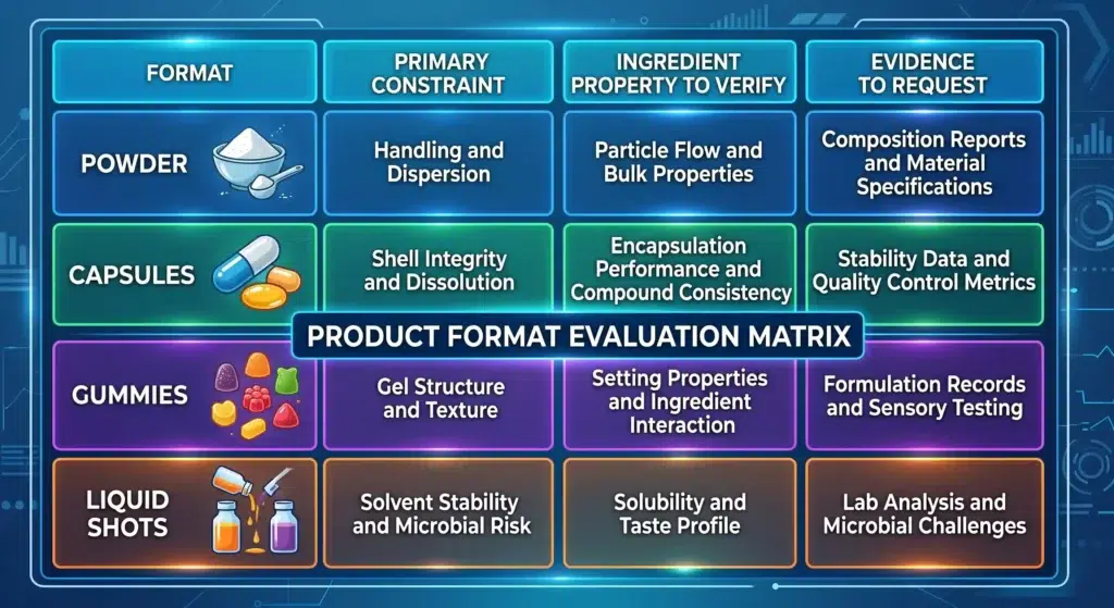 Collagen dosage format decision matrix for powder, capsules, gummies and liquid shots