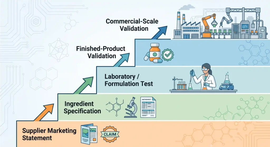 Evidence ladder from supplier statement to ingredient specification, formulation testing, finished-product validation and commercial-scale validation