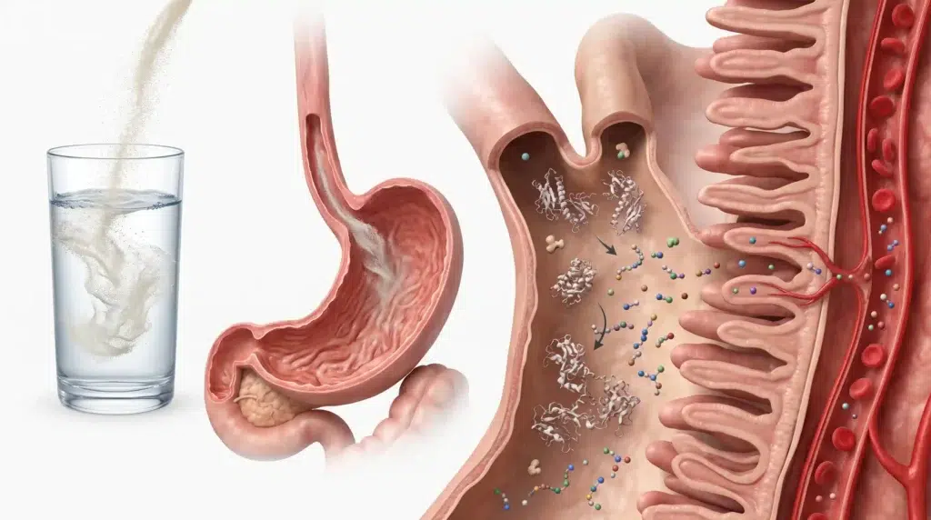 Realistic illustration of collagen peptides being digested into smaller peptides and amino acids