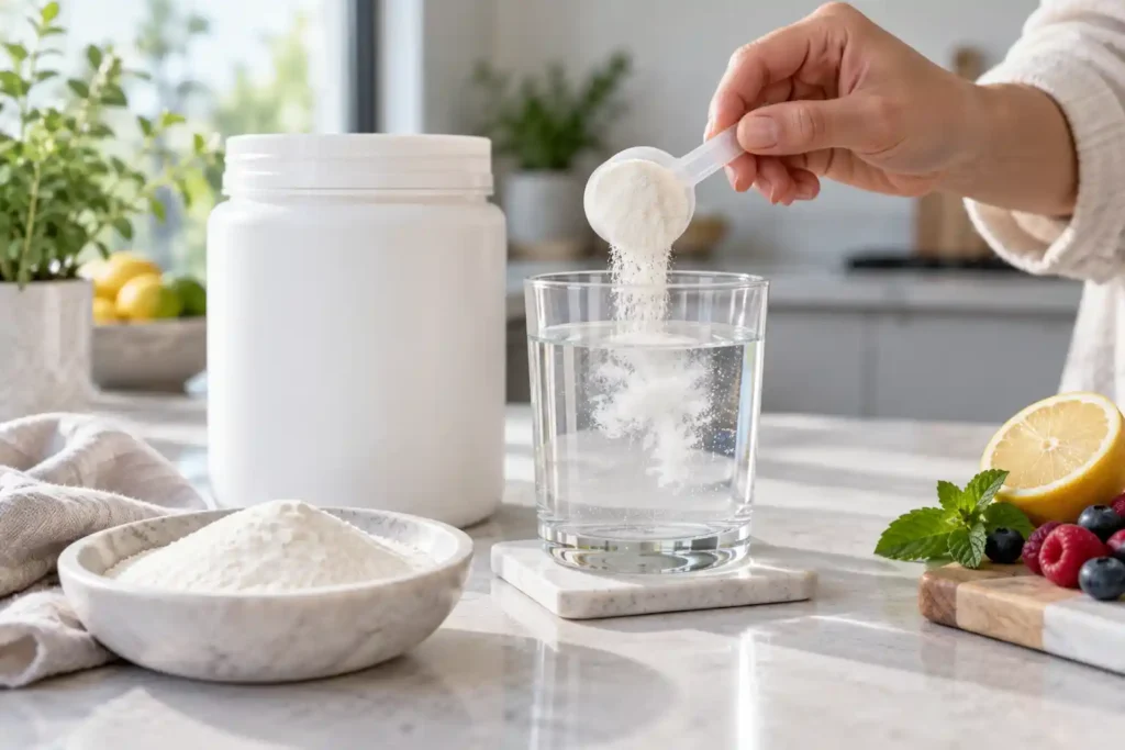 Collagen peptides powder mixed into a clear health drink supplement