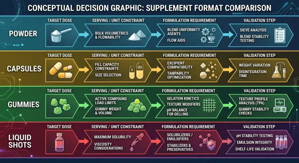 Conceptual map showing why the same collagen dose can create different ingredient requirements by format